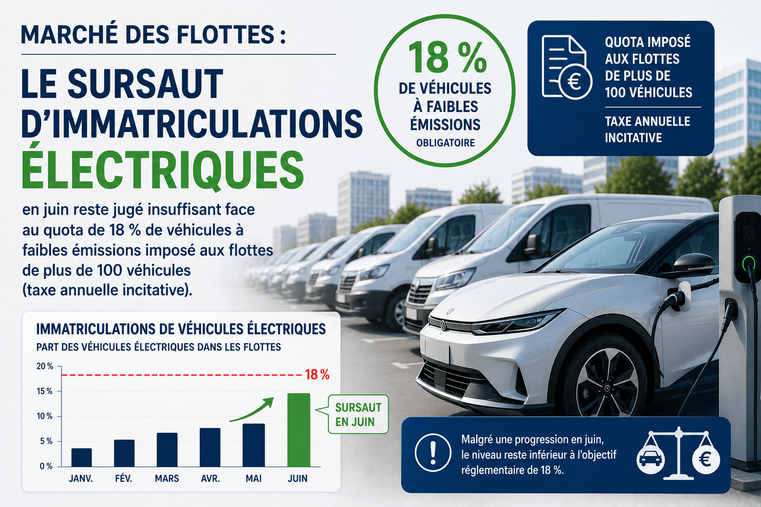 Flotte de véhicules électriques d'entreprise en recharge, illustration de la taxe annuelle incitative 2026