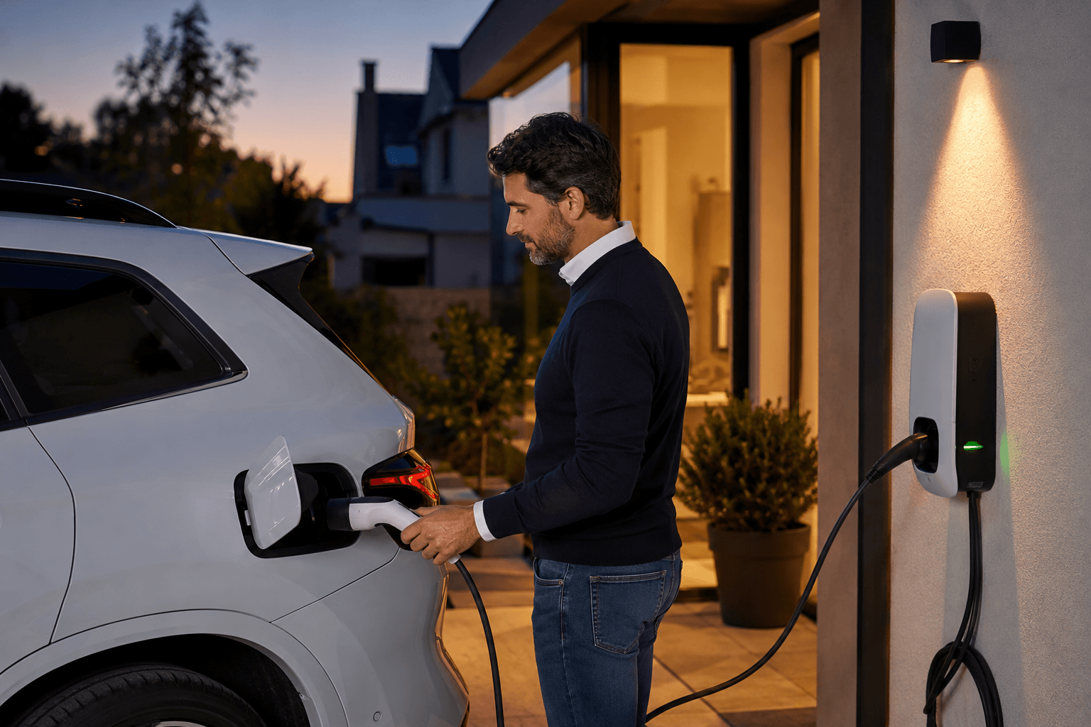 Salarié rechargeant son véhicule électrique de fonction à son domicile